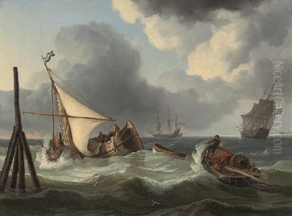 Fishermen Wrestling With The Swell At High Tide, Off The Mouth Of The Scheldt Oil Painting by Charles Martin Powell