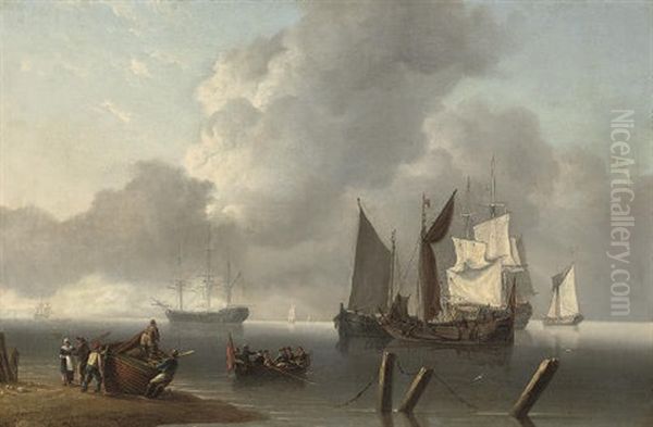 Warships Lying Offshore, The Commanding Admiral Being Rowed Out To Join The Flagship Oil Painting by Charles Martin Powell