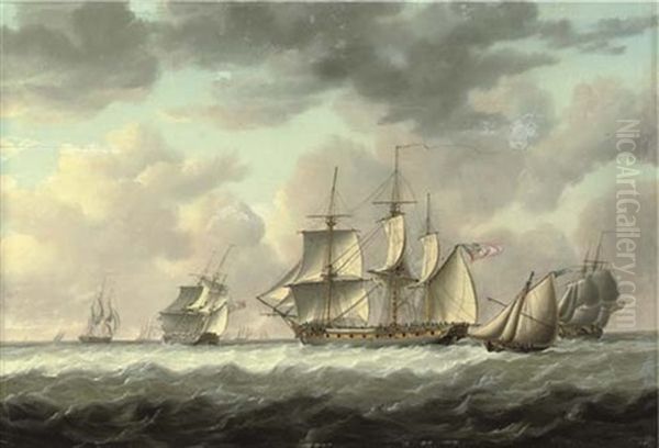 A Frigate Heaving-to In The Channel Amidst Other Ships Of Her Squadron Oil Painting by Charles Martin Powell