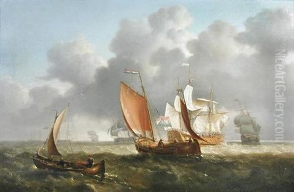 Dutch Sailing Ships In A Stormy Sea, A Rowing Boat Alongside Oil Painting by Charles Martin Powell