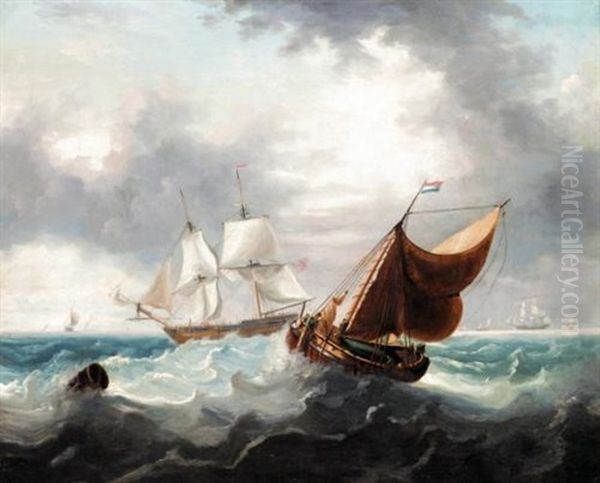 A Frigate And A Dutch Barge In Choppy Seas Oil Painting by Charles Martin Powell