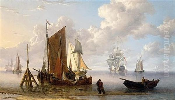 A Man Of War And Other Shipping Off The Coast At Low Tide Oil Painting by Charles Martin Powell