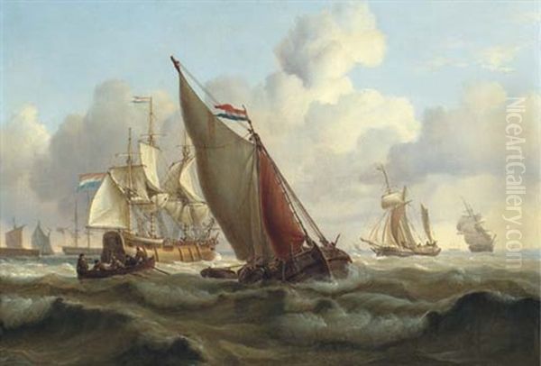 Busy Shipping Lanes Off A Harbour With A Three-masted Dutch Merchantman Hove-to To Take On The Pilot Oil Painting by Charles Martin Powell