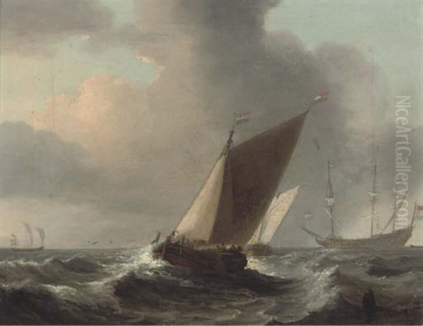 A Dutch Flagship Anchored Offshore With Dutch Barges On Opposite Tacks In The Foreground Oil Painting by Charles Martin Powell