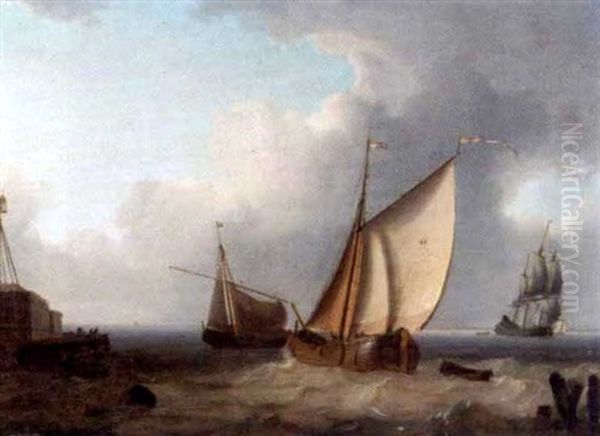 Fishing Boats And A Man-o-war Off A Harbour Entrance Oil Painting by Charles Martin Powell