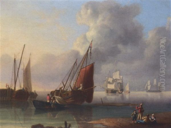 Unloading The Catch At The End Of The Day, With Merchantmen At Anchor Beyond Oil Painting by Charles Martin Powell