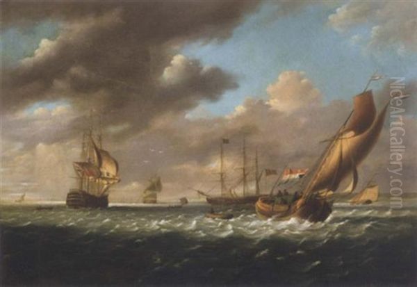 An English Man Of War, A Dutch Barge And Other Shipping Vessels Of The Coast In A Light Breeze Oil Painting by Charles Martin Powell