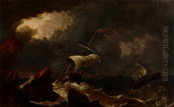 Caught In A Gale Off A Rocky Coast Oil Painting by Charles Martin Powell