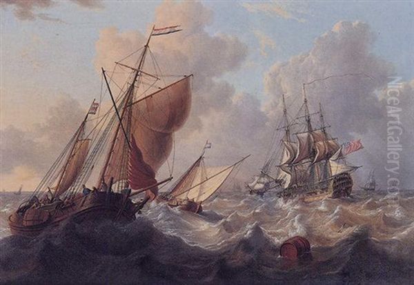 A British Man Of War And Dutch Barges Oil Painting by Charles Martin Powell