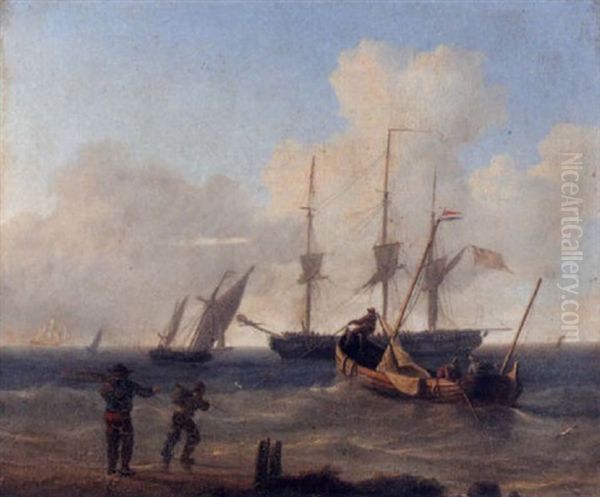 A Brig And Other Shipping In Rough Seas Off The Coast by Charles Martin Powell