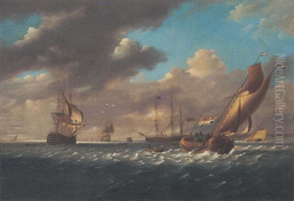 A Royal Naval First Rate Ship-of-the-line And A 22-gun Frigate Together With A Dutch Barge, A Pilot Cutter And Other Shipping In The Downs Oil Painting by Charles Martin Powell