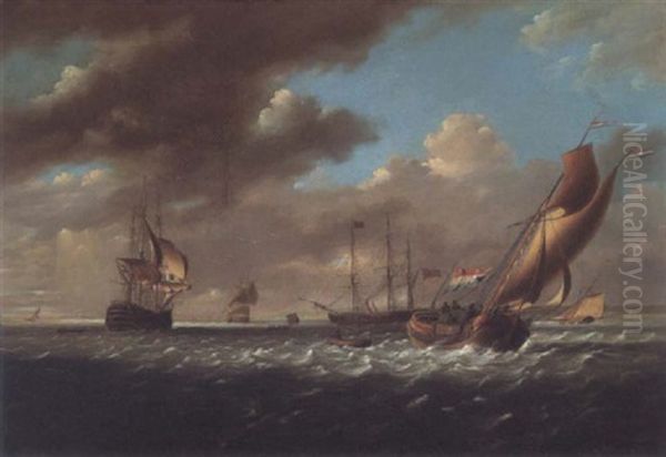 A Dutch Barge And British Men Of War Off The Coast Oil Painting by Charles Martin Powell