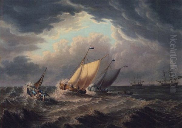 Vessels In Stormy Waters Oil Painting by Charles Martin Powell