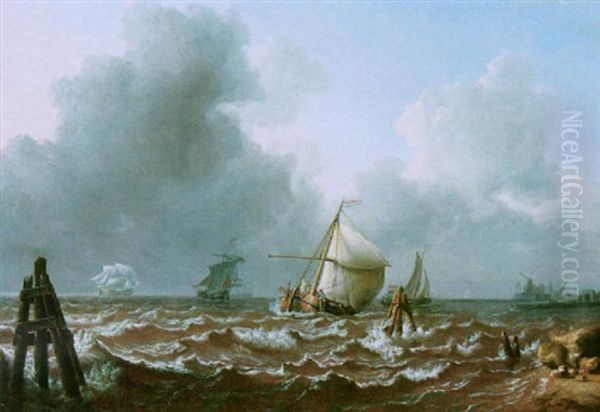 Dutch Men-of-war And Barges Off The Coast In A Breeze Oil Painting by Charles Martin Powell