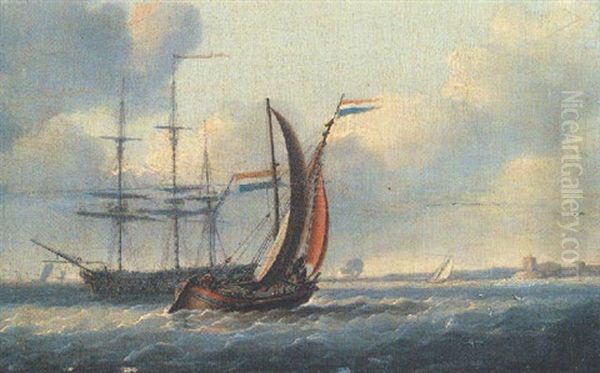 A Dutch Smalschip And A Two-decker In Coastal Waters Oil Painting by Charles Martin Powell