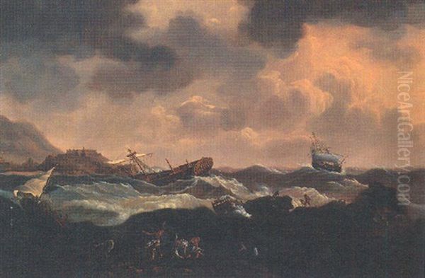 A Convoy In Distress Off The North African Coast Oil Painting by Charles Martin Powell