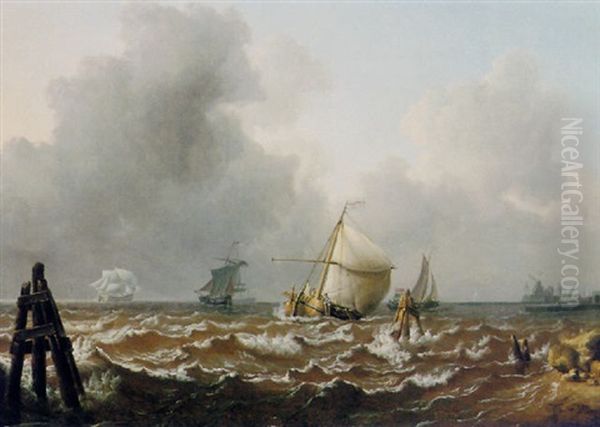 Dutch Men Of War And Barges Off The Coast In A Breeze Oil Painting by Charles Martin Powell