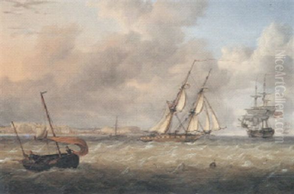 A Brig And Other Shipping Under Way Off The Coast Oil Painting by Charles Martin Powell