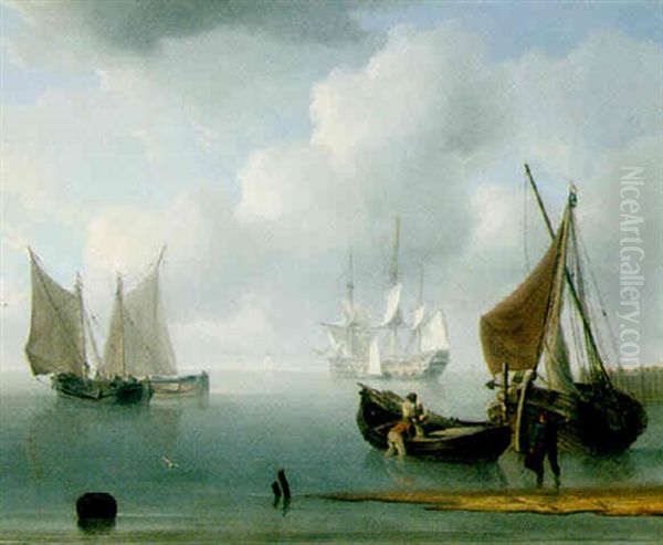 Shipping In A Calm Off Weymouth With Fishermen In The Foreground Oil Painting by Charles Martin Powell