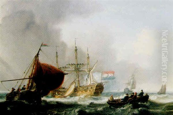 A Dutch Man Of War And Other Shipping Oil Painting by Charles Martin Powell