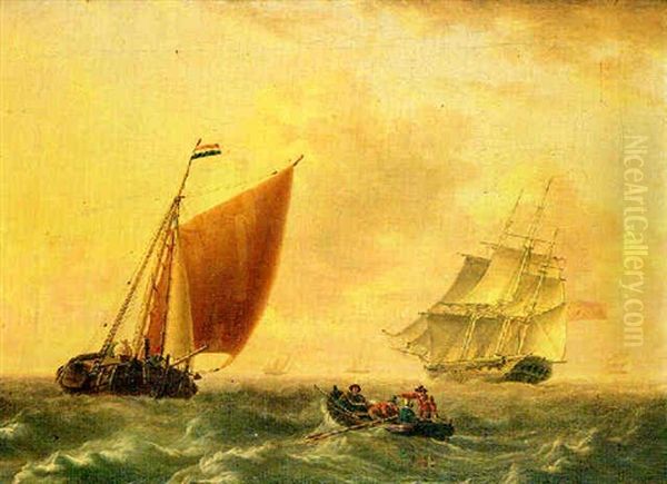 A British Frigate Pulling A Dutch Barge In The North Sea Oil Painting by Charles Martin Powell