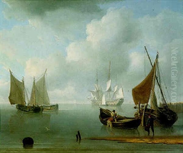 Shipping In A Calm Off Weymouth With Fishermen In The Foreground Oil Painting by Charles Martin Powell