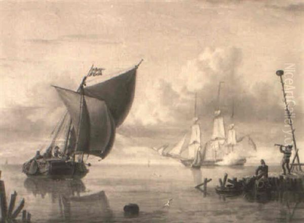 A Dutch Douw And Frigate Off The Coast Oil Painting by Charles Martin Powell