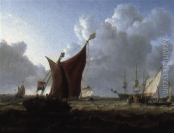 A Dutch Frigate Hoisting Sail Amongst Pinks And Barges Off The Shore Oil Painting by Charles Martin Powell