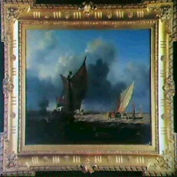 Dutch Pinks And A Man O'war Thought To Be Off Amsterdam Oil Painting by Charles Martin Powell