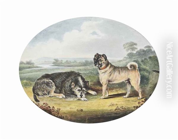 A Pug And A Hound In An Extensive Landscape Oil Painting by Joseph Powell