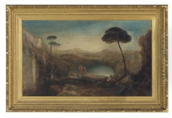 Classical Landscape With Ruins, Figures And Pond Oil Painting by Lucien Whiting Powell