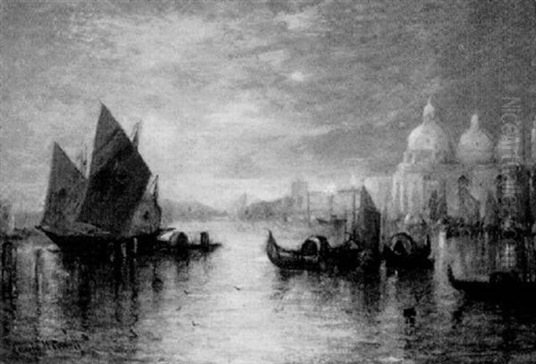 Grand Canal With A View Of Saint Mark's Cathedral, Venice, Sunset Oil Painting by Lucien Whiting Powell