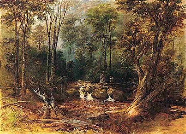 Maori Hunters Crossing A Woodland Stream, New Zealand Oil Painting by Peter Power