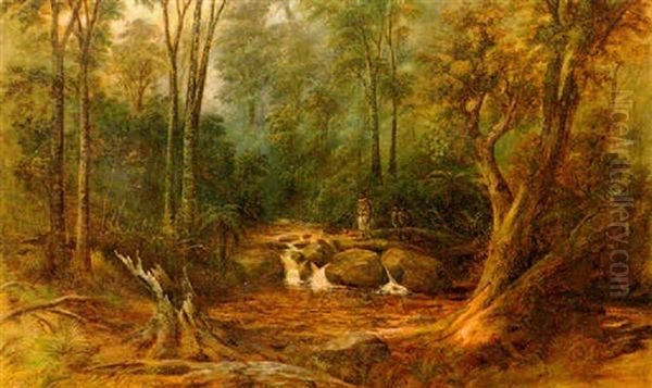 Two Maoris Crossing A River In Woodland Oil Painting by Peter Power