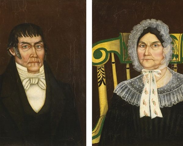 Gentleman In White Stock And Tie; Lady In White Bonnet With Floral Ribbons Seated In A Yellow Paint-decorated Rocker: Portraits Of Mr. And Mrs. Van Wormer Of Watertown, New York Oil Painting by Asahel Lynde Powers