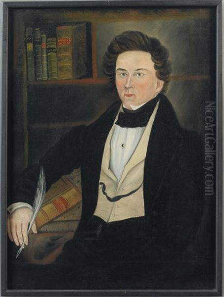 A Young Man In A Yellow Vest Seated At His Desk Holding A Quill Pen, A Portrait Of Abel Fisk Farrar Worcester, Massachusetts (later Rindge, Nh) Oil Painting by Asahel Lynde Powers