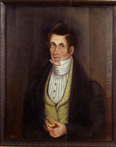 Portrait Of Man With White Pleated Shirt And Stock With Yellow Patterned Vest, Depicted Holding A Fig Oil Painting by Asahel Lynde Powers