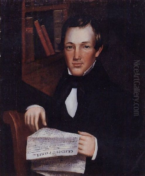 Portrait Of A Dark-haired Young Man Reading The Genessee Farmer Oil Painting by Asahel Lynde Powers