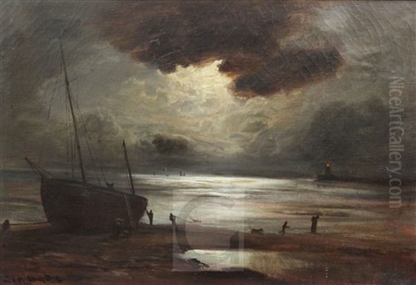 Fishermen Along The Shore Under Moonlight Oil Painting by George Hyde Pownall