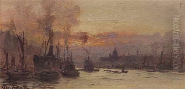 Sunset On The Thames With St Paul's Beyond Oil Painting by George Hyde Pownall