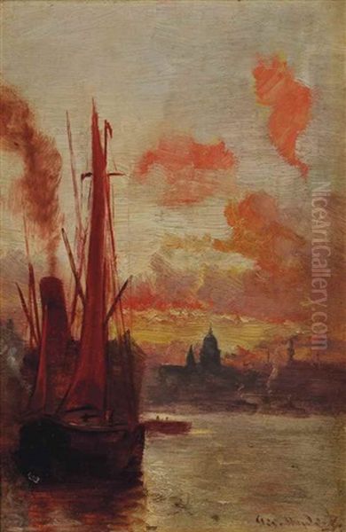 The Thames At Sunset, St Paul's Beyond Oil Painting by George Hyde Pownall