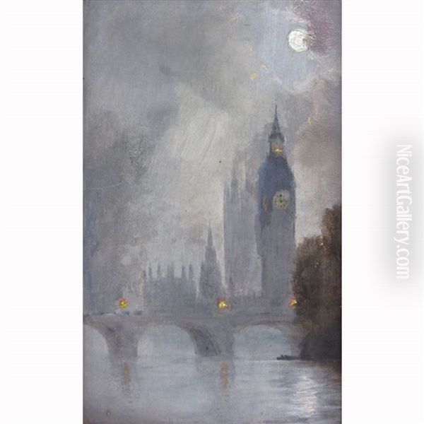 Westminster Bridge And Big Ben From The River Thames Oil Painting by George Hyde Pownall