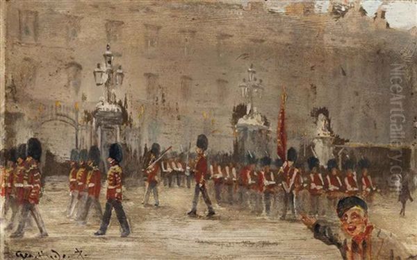 Changing The Guard, Buckingham Palace, London Oil Painting by George Hyde Pownall