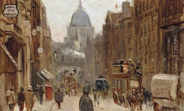 St. Paul's Cathedral Viewed From Fleet Street, London Oil Painting by George Hyde Pownall