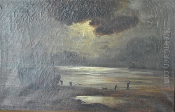 Ship And Figures With Dog On The Shore At Moonlight Oil Painting by George Hyde Pownall