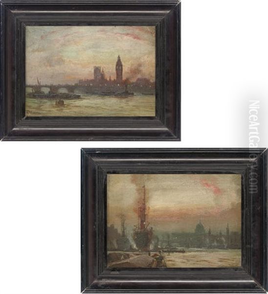 Westminster Bridge With The Houses Of Parliament Beyond (+ St. Paul's From The Thames; Pair) Oil Painting by George Hyde Pownall