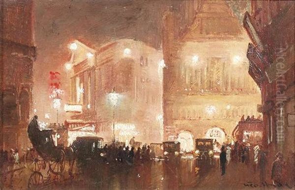 Piccadilly Circus Bei Nacht (+ 2 Others; Set Of 3) Oil Painting by George Hyde Pownall