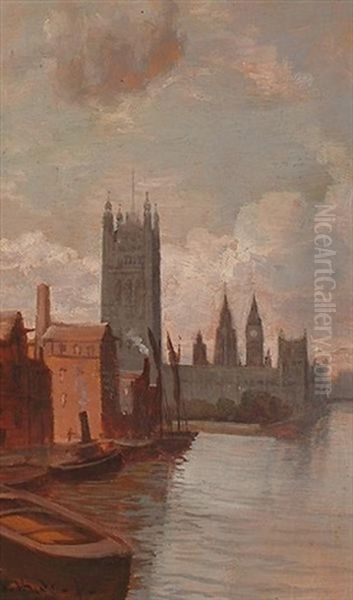 Houses Of Parliament From The Thames Oil Painting by George Hyde Pownall