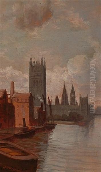 Houses Of Parliament From The Thames Oil Painting by George Hyde Pownall