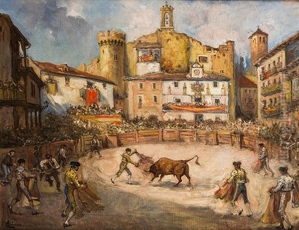 Encierro En La Plaza Del Pueblo Oil Painting by Emilio Poy Dalmau